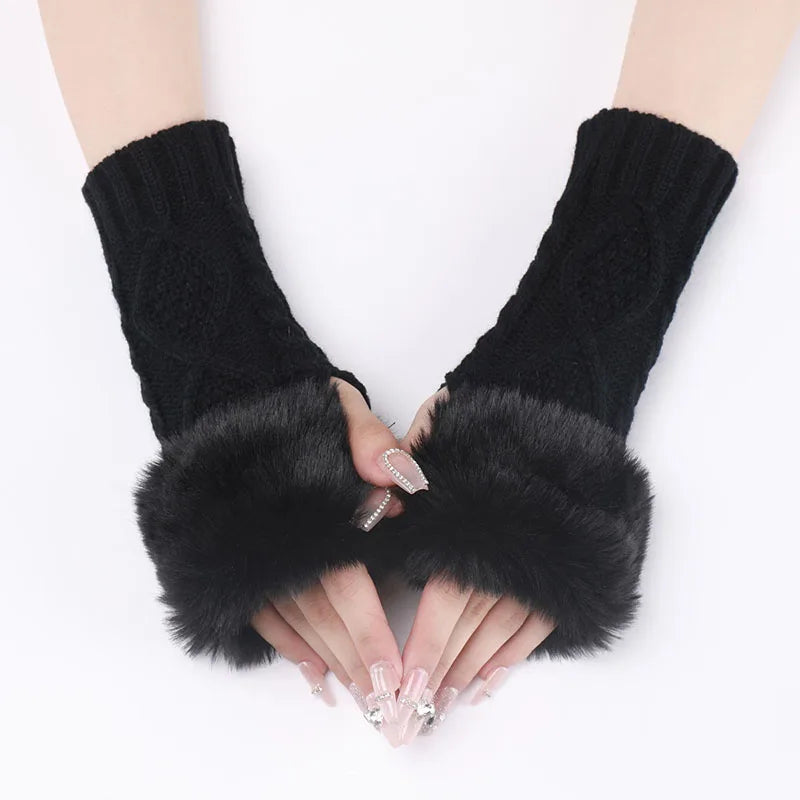 Women Furry Warm Sleeves Gloves Autumn Winter Lady Faux Rabbit Fur Fingerless Elastic Knitted Hemp Mittens Clothing Accessories